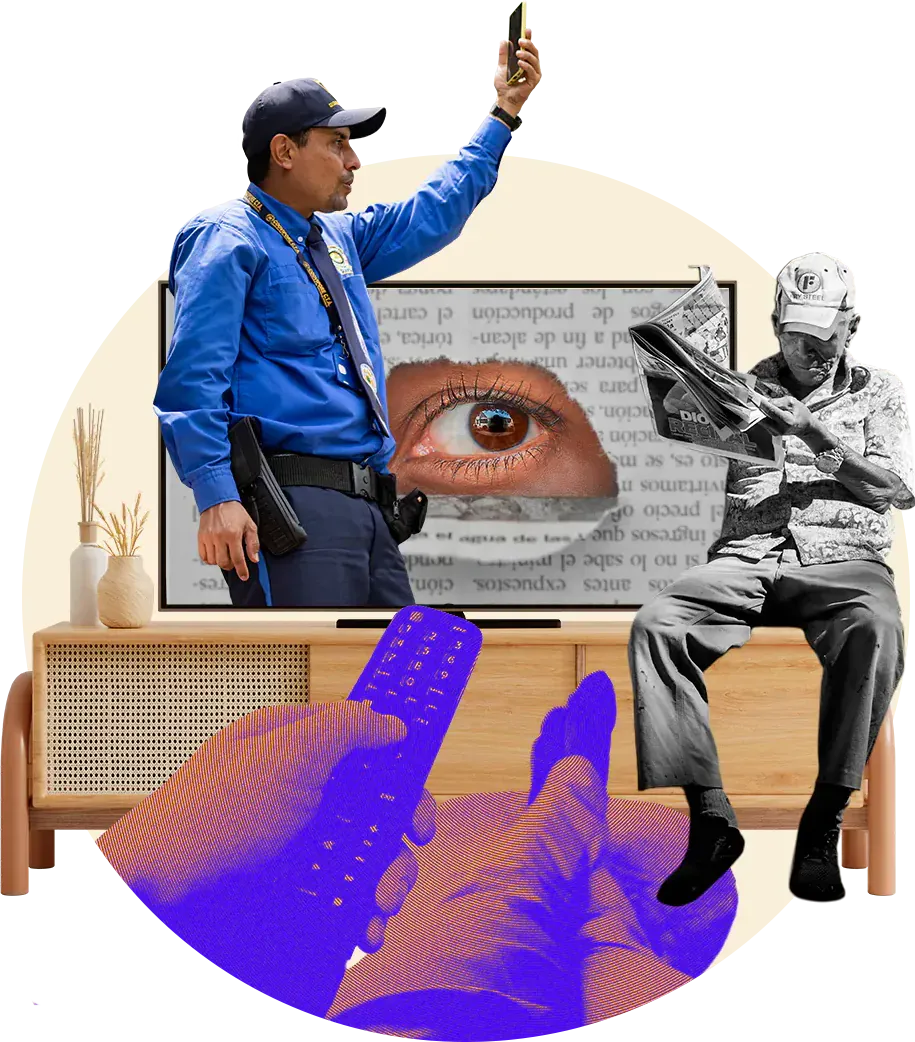 Collage: un televisor con un ojo en la pantalla, un vigilante que toma una foto con el celular, un hombre que lee el periódico y una mano con el control remoto.