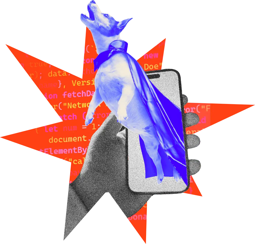Collage: una mano sostiene un celular del que sale un perro con capa de superhéroe, sobre un estallido rojo con líneas de código.